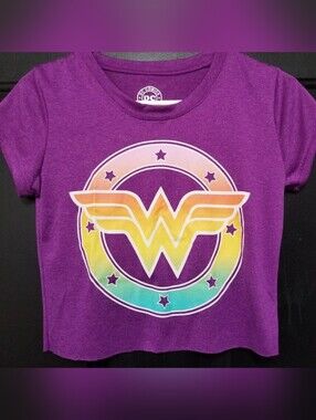DC Comics Wonder Woman Juniors Raw Edge Baby Tee Purple Rainbow Logo Medium 7/8